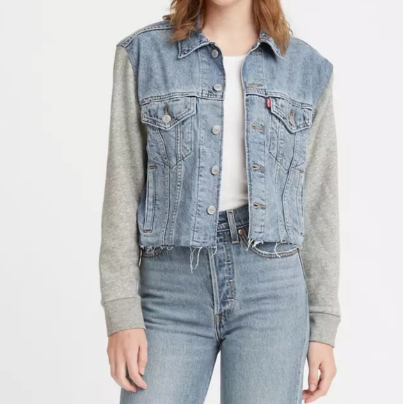 Womens Distressed Denim Jacket XL 90s Cropped Y2K Sweatshirt Sleeves Frayed Hem - Picture 2 of 9